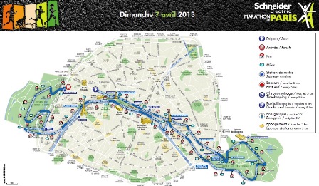 Hlaupaleiðin í grófum dráttum, frá rásmarki á Champs Élysées, austur hægri bakka Signu og svipaða leið til baka að endamarkinu á Foch Avenue.